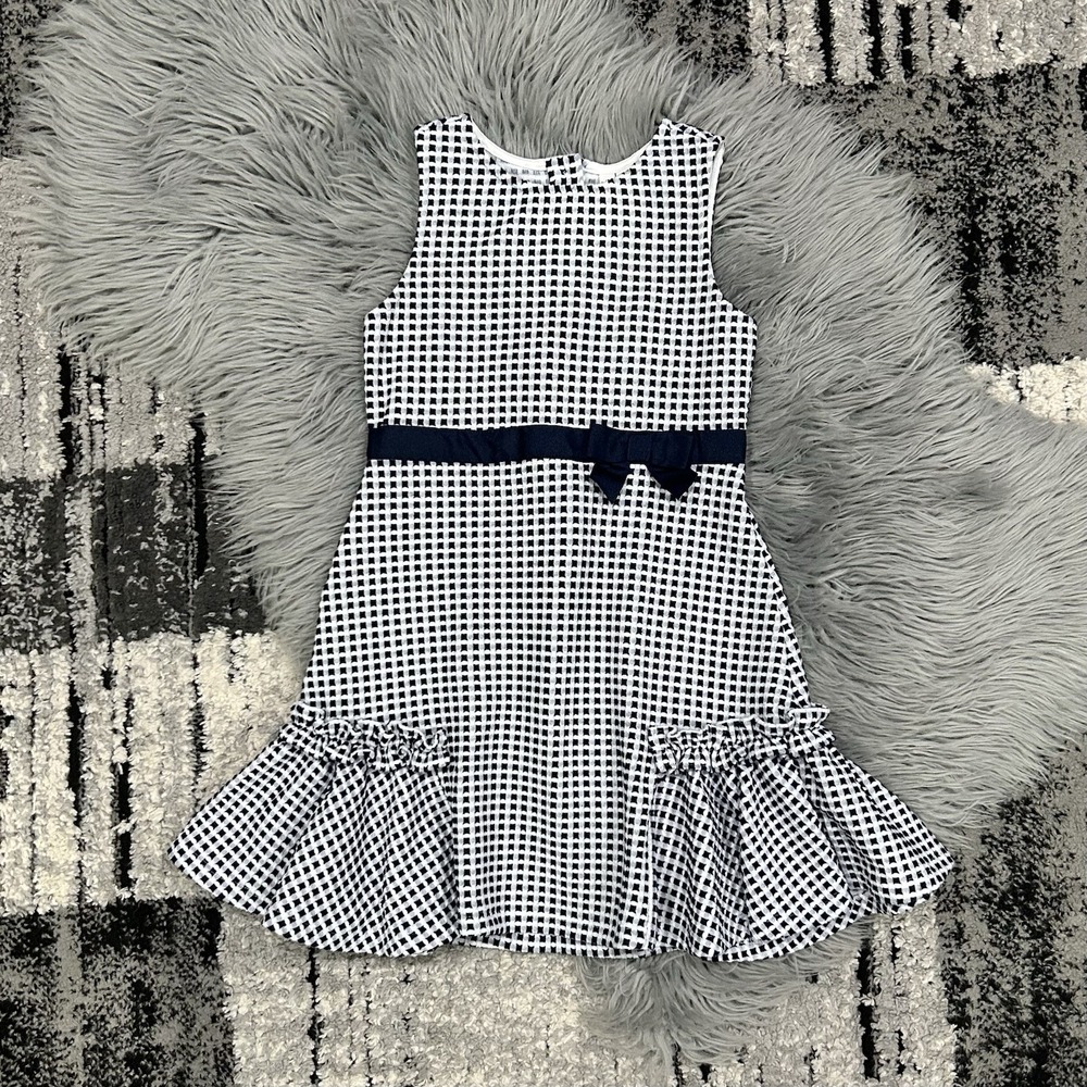 Janie And Jack Girls Jacquard White/Navy Mini Check Dress Size 6